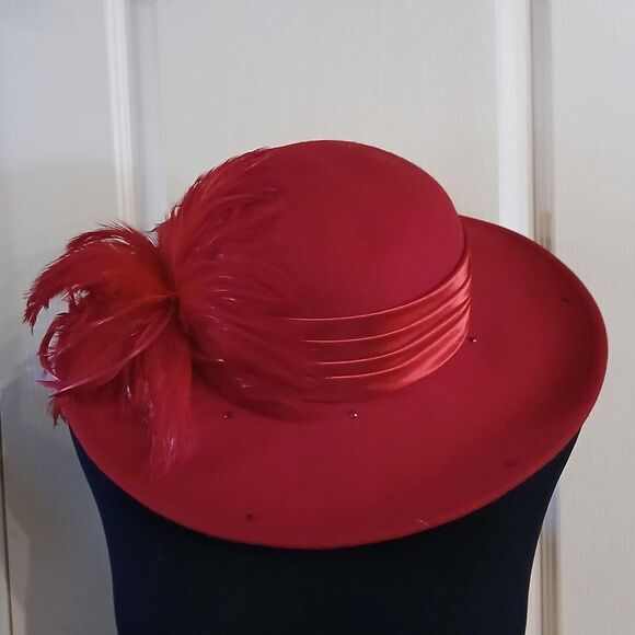 Vintage Red Felt Kentucky Derby Church Wedding Holiday Hat Feathers Rhinestones main image 4